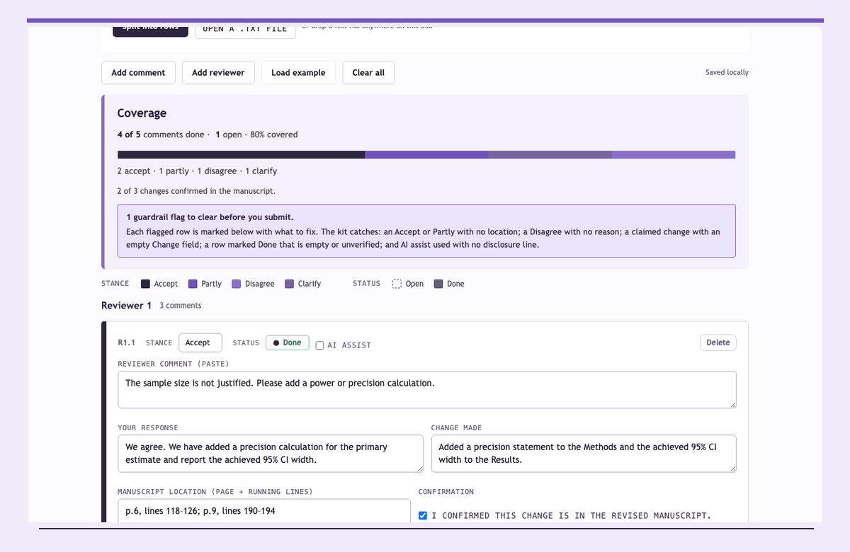 Reviewer Response Builder showing four of five comments complete, one open guardrail, and a located response row